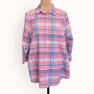 Lands’ End Plaid Button Down Tunic Shirt Cotton No Iron Supima Size 16